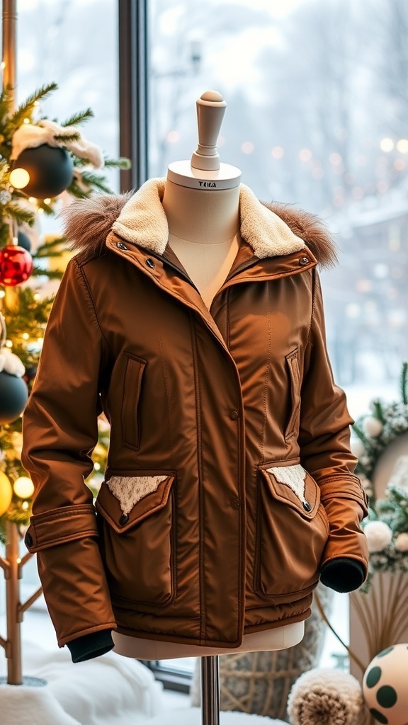 A fashionable winter jacket in a festive holiday setting with decorations.